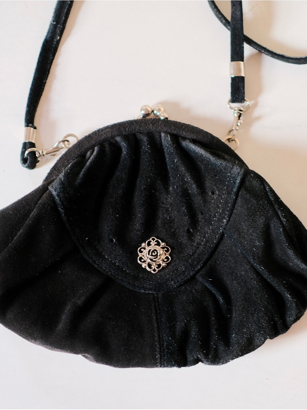1980s Black Velvet Evening Crossbody Bag with Decorative Rosette